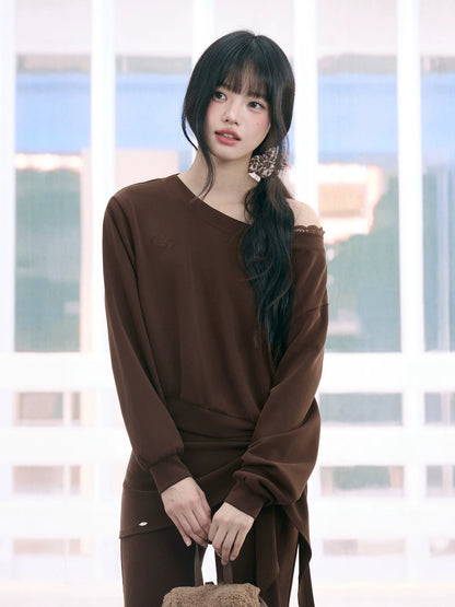 "Mocha Muse" Brown Lace Panel One-Shoulder Sweatshirt