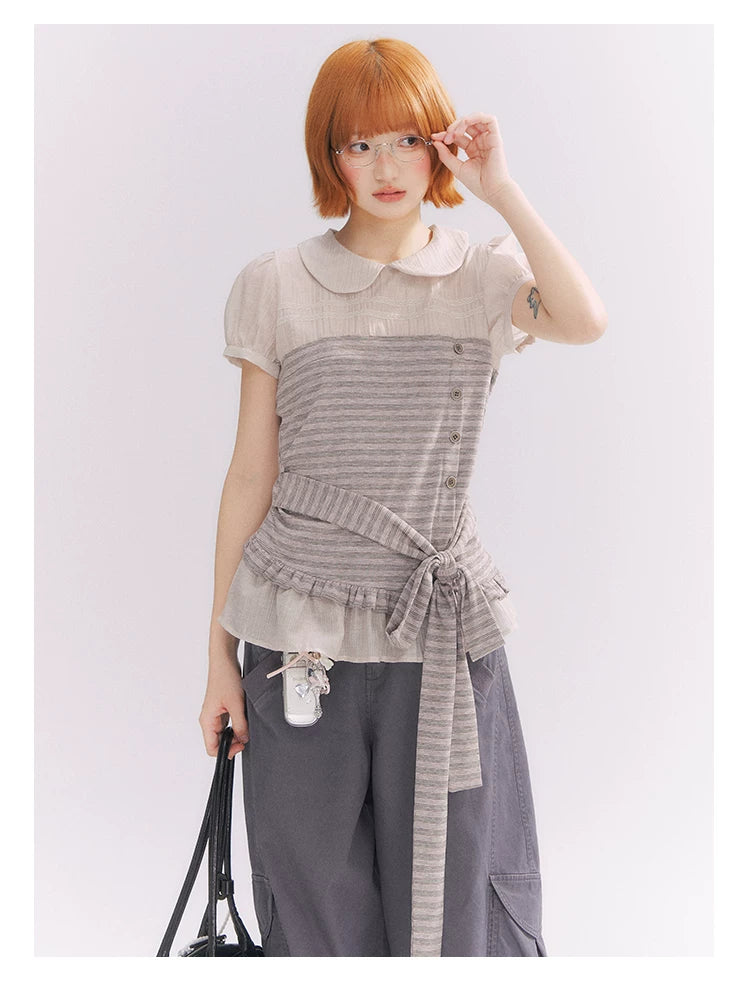 “Old Keepsake Letters” Frost Gray Doll Collar Lace Two-Piece Set