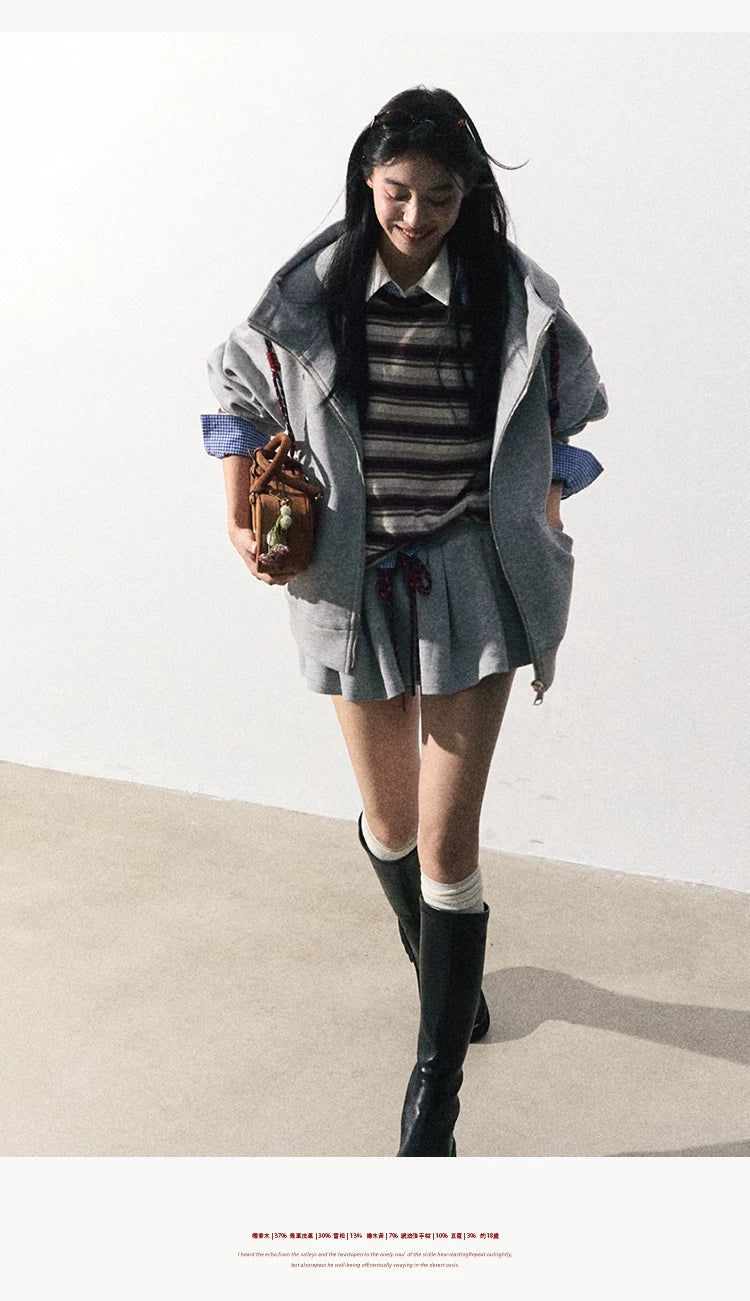 OAKMOO/ "A Trace of Self" Light Heather Gray Miu-Inspired Sporty Hoodie & Skirt Set