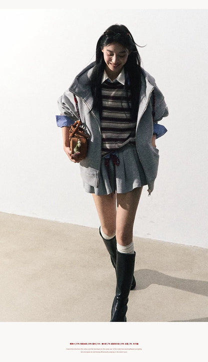 OAKMOO/ "A Trace of Self" Light Heather Gray Miu-Inspired Sporty Hoodie & Skirt Set