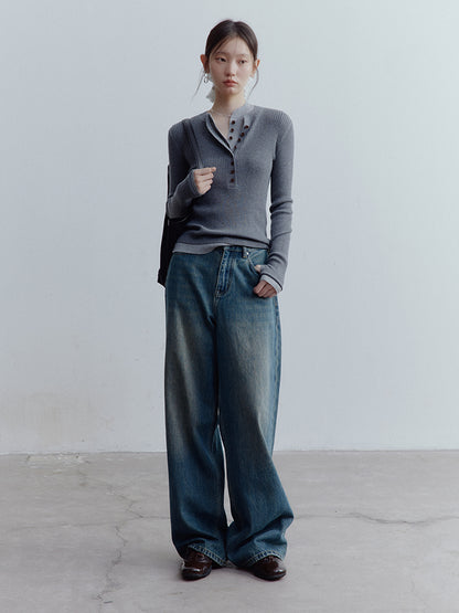 FUSSED Vintage Blue Low-Waist Wide-Leg Washed Denim Pants FOF-25SS173