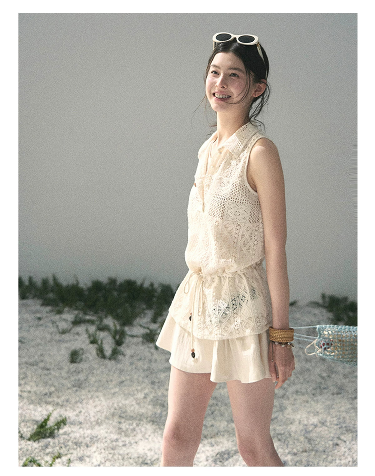 “Summer Breeze Kissing the Hem” Ivory Lace Layered Sleeveless Top