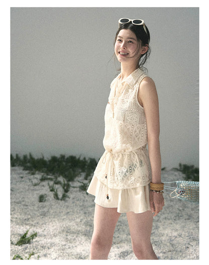“Summer Breeze Kissing the Hem” Ivory Lace Layered Sleeveless Top