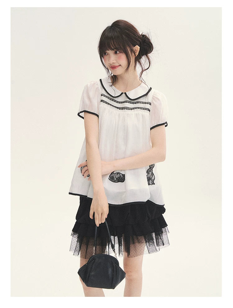 "Black & White Sonata" Polka Dot Mesh Tiered Jellyfish Skirt (White/ Black)