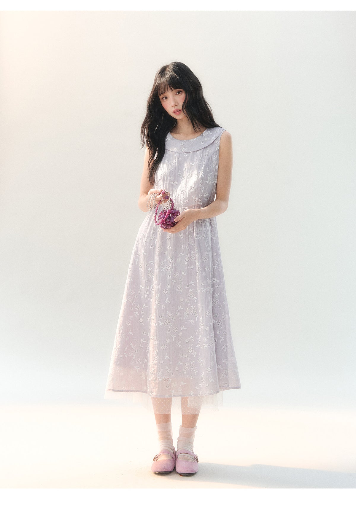 [CAN] "Lavender Bloom Whisper" Purple Floral Cape Tulle Tie-Waist Dress