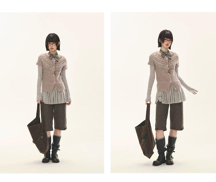 "Rice Knit" Wool-Blend Short Sleeve Knit Cardigan (Moss Coffee Green/ Dusk Dusty Pink)