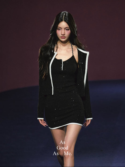 "Starlit Elegance" Halter Knit Dress & Contrast Cardigan Set
