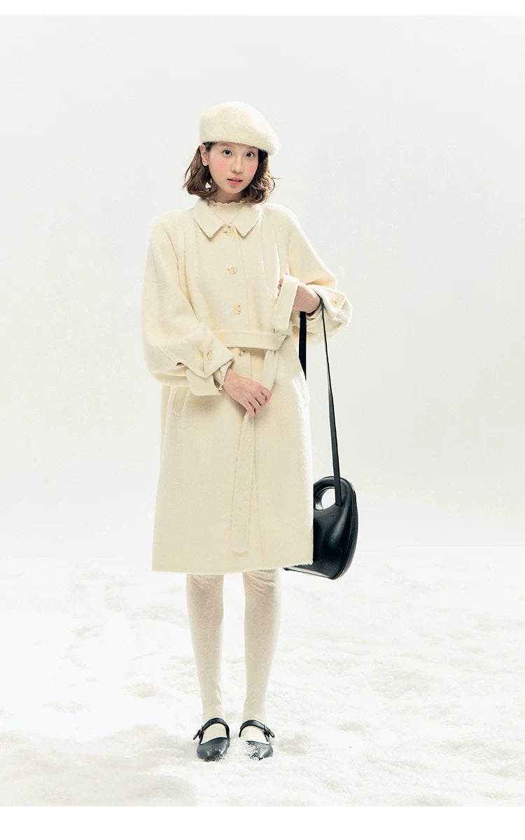 "Black & White Waltz" Hand-Stitched Wool-Blend Swing Coat (Ivory/ Black)