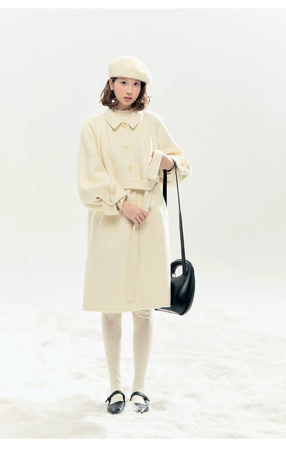 "Black & White Waltz" Hand-Stitched Wool-Blend Swing Coat (Ivory/ Black)