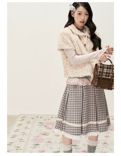 [RF] Gray & Pink Plaid A-Line Midi Skirt with Lace Trim