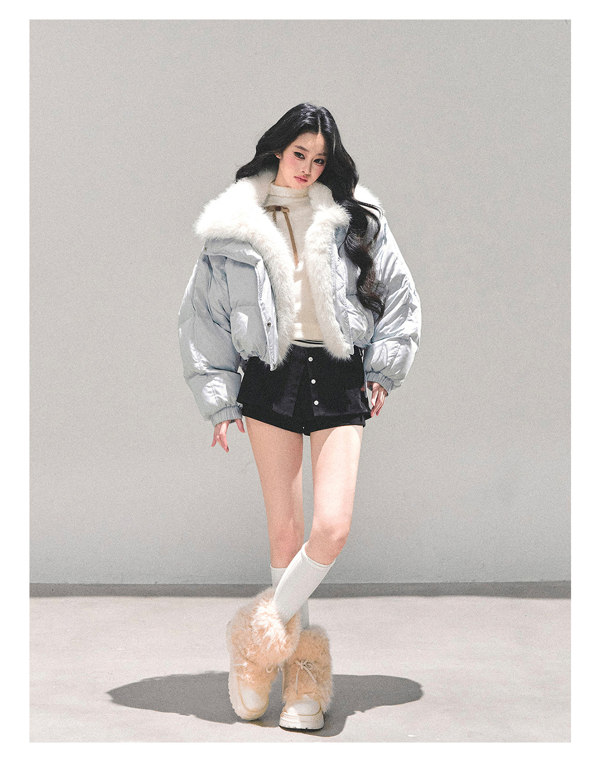 少也眼 "Silent Blue" Faux Fox Collar Down Jacket 784651