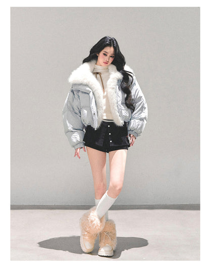 少也眼 "Silent Blue" Faux Fox Collar Down Jacket 784651