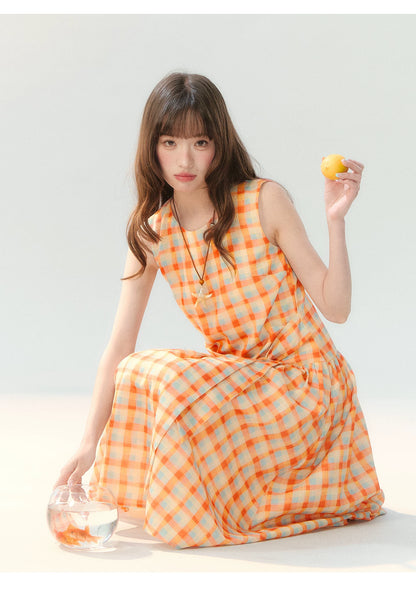 "Orange Sugar Cube" Tangerine Plaid Tie-Waist Sleeveless Dress SH2026201