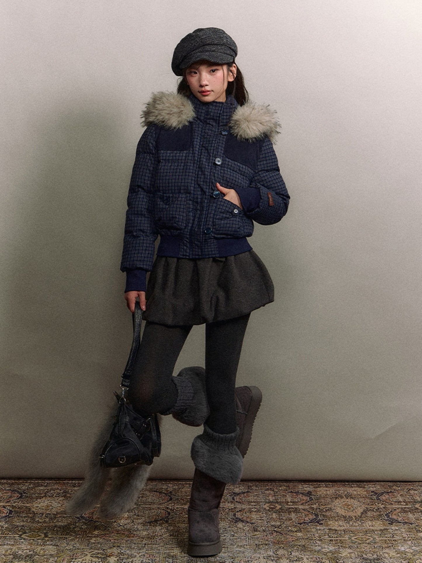 Soote Season - Navy Plaid Faux Fur Collar Cropped Hooded Down Jacket