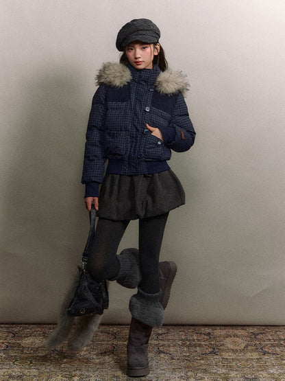 Soote Season - Navy Plaid Faux Fur Collar Cropped Hooded Down Jacket