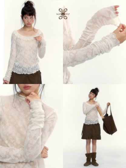 “Everyday Mist” Jacquard Lace Layering Top ( Ivory / Fog Gray )