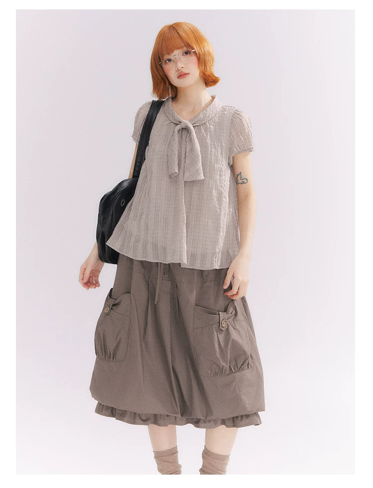 “Sweet & Cool Girl” Taupe Bow Drawstring High-Waist A-Line Cargo Skirt