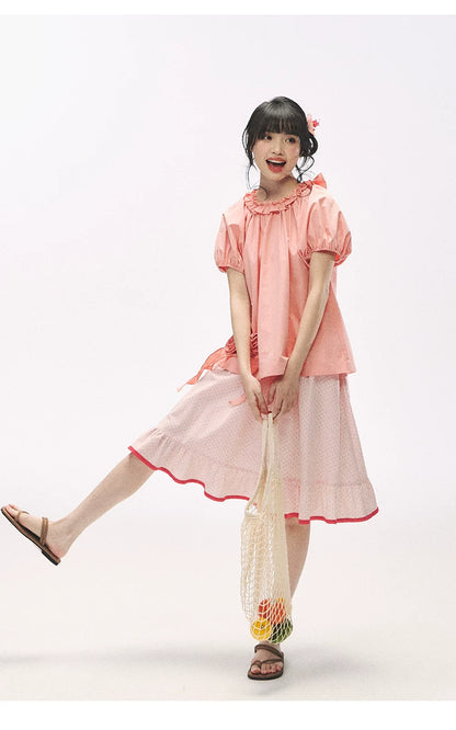 "Pink Grapefruit Bloom" Grapefruit Red Rose Puff Sleeve Blouse