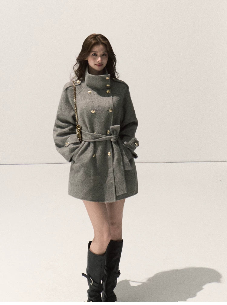 OAKMOO/ Pure Wool Belted Double-Faced Stand Collar Coat (Silver Blue / Flint Gray)