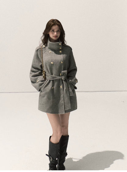 OAKMOO/ Pure Wool Belted Double-Faced Stand Collar Coat (Silver Blue / Flint Gray)