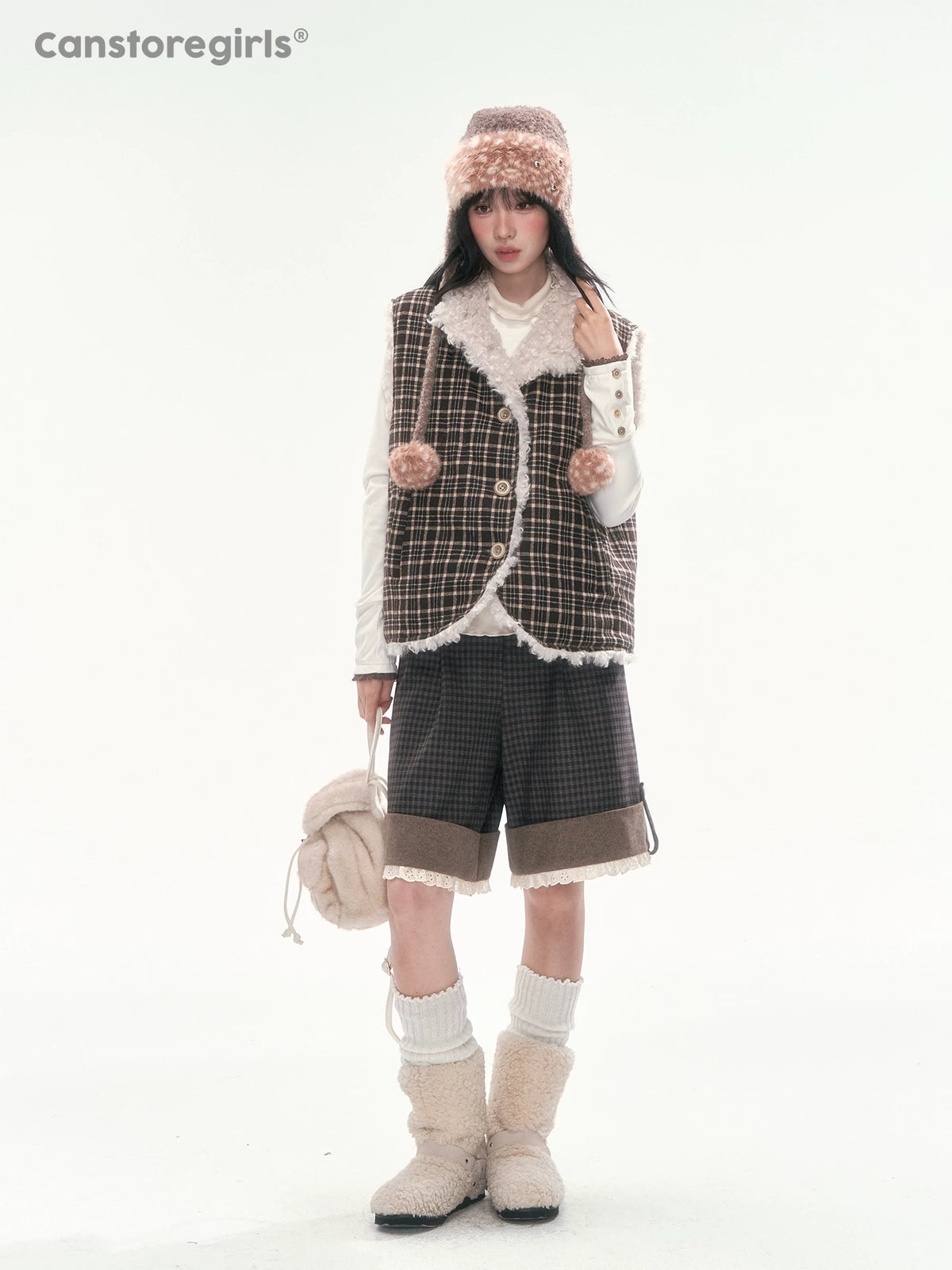CAN - "The Velvet Alcove" Light Coffee Brown Reversible Plaid Shearling Vest
