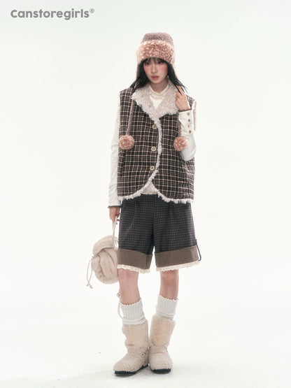 CAN - "The Velvet Alcove" Light Coffee Brown Reversible Plaid Shearling Vest