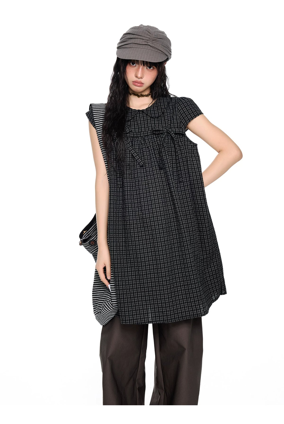 EZEK | Peter Pan Collar Gingham Shirt with Bubble Sleeves