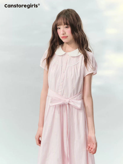 “Pink Mist Soufflé” Blush Pink Embroidered Doll Collar Dress