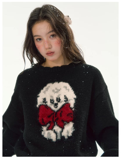 CANSTORE - "Bow Applause" Dark Gray Puppy Jacquard Knit Sweater