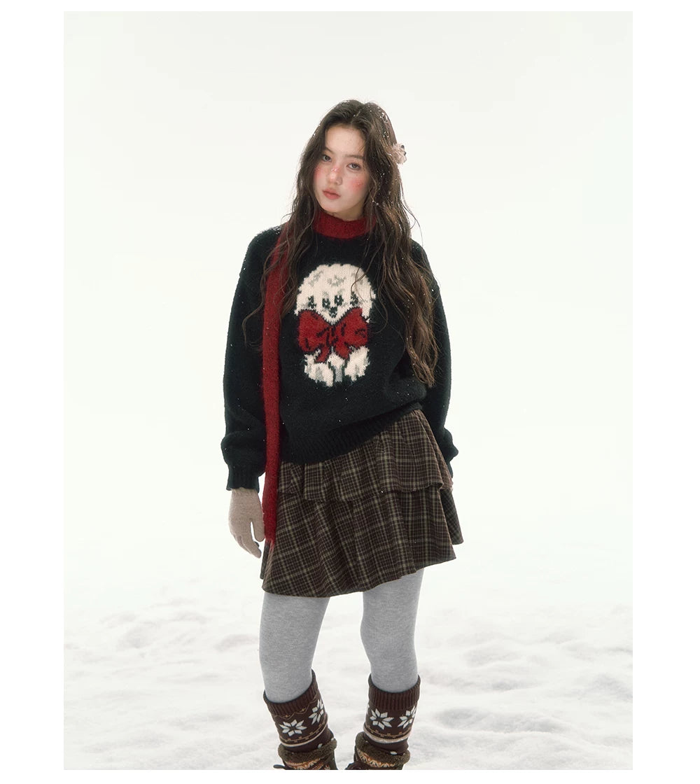 CANSTORE - "Bow Applause" Dark Gray Puppy Jacquard Knit Sweater