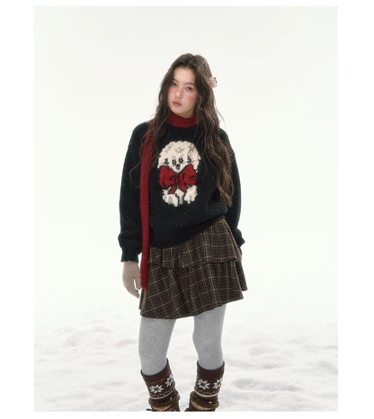 CANSTORE - "Bow Applause" Dark Gray Puppy Jacquard Knit Sweater