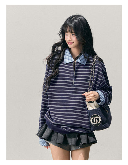 少也眼 “She Fades into Blue” Faux-Layered American Stripe Polo Top 54542