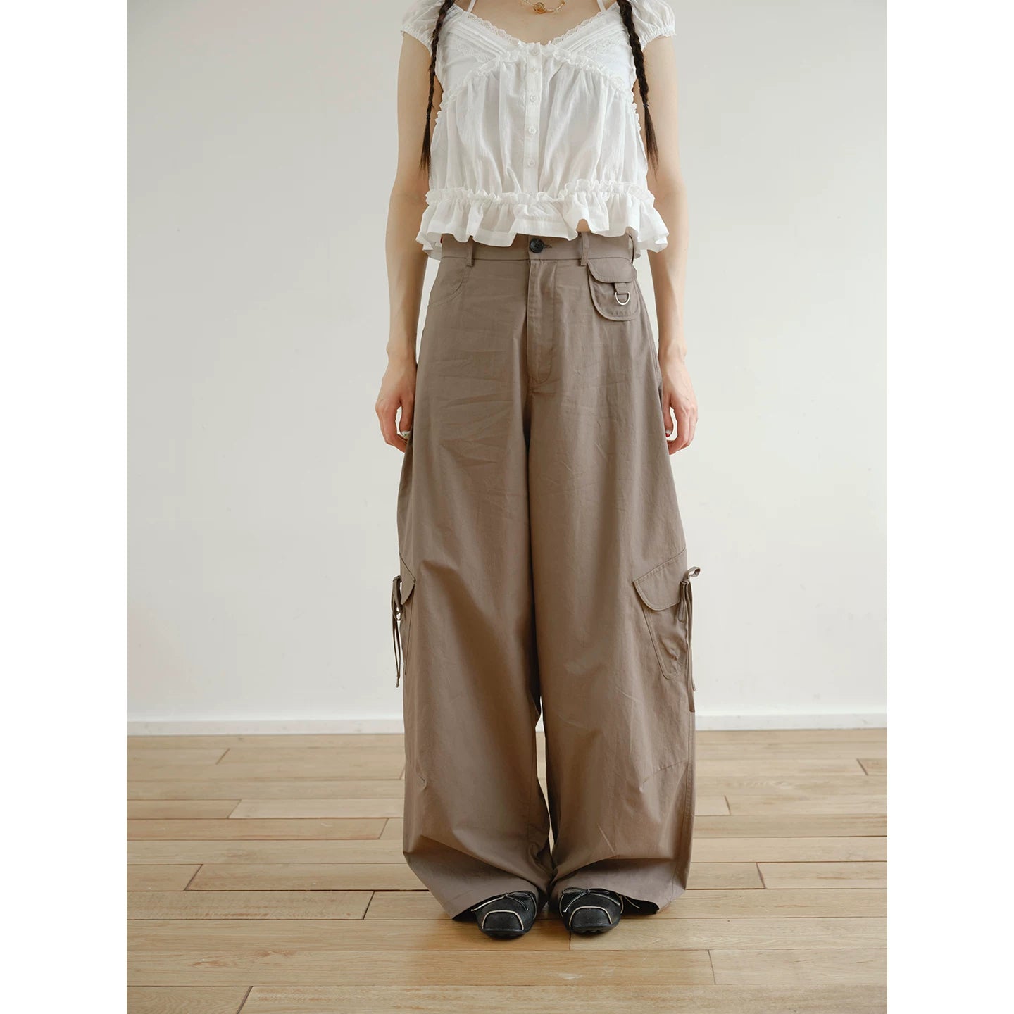 "Street Stroll Girl" Sage Gray Cotton Wide-Leg Cargo Pants