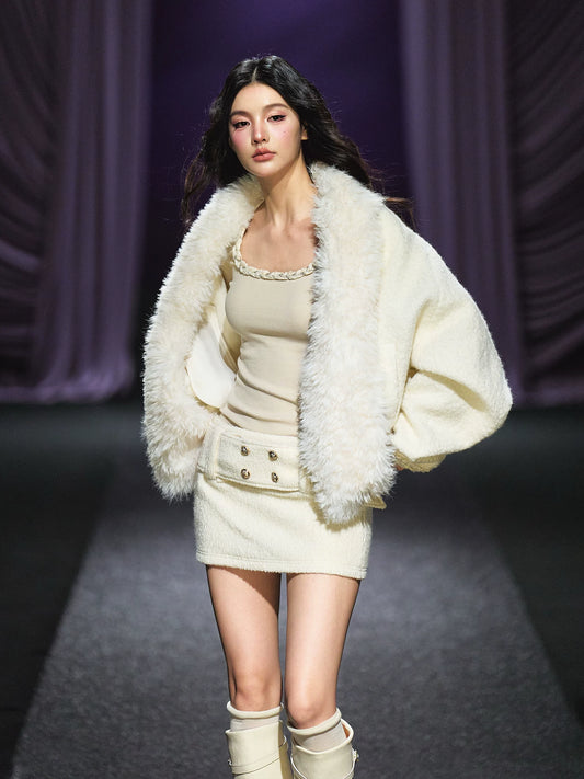 "Winter Heiress" Ivory Wool-Blend Belted A-Line Mini Skirt