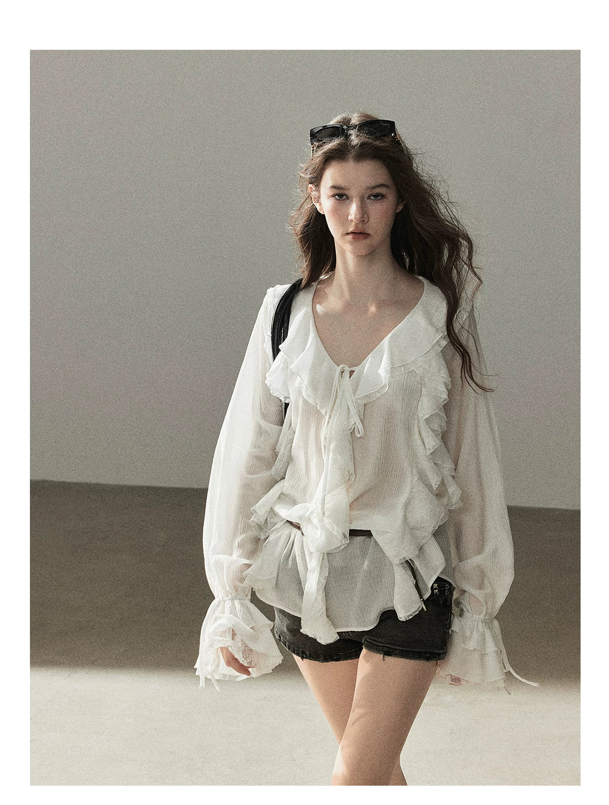 AOMALM - "A Featherlight Touch" French Camellia White Lace Chiffon Top with Belt (Camellia / Oatmeal / Cinnamon Pink)
