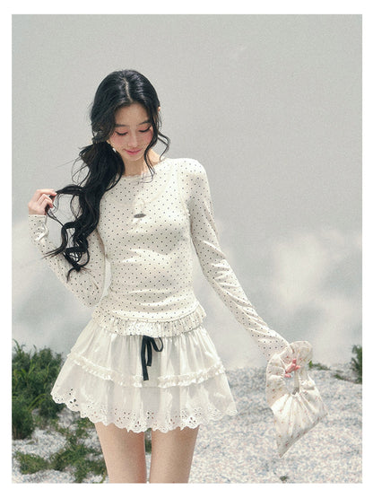 少也眼 “Soft Muse Student” Lace Polka Dot Faux-Layer Shoulder Tee 6747668