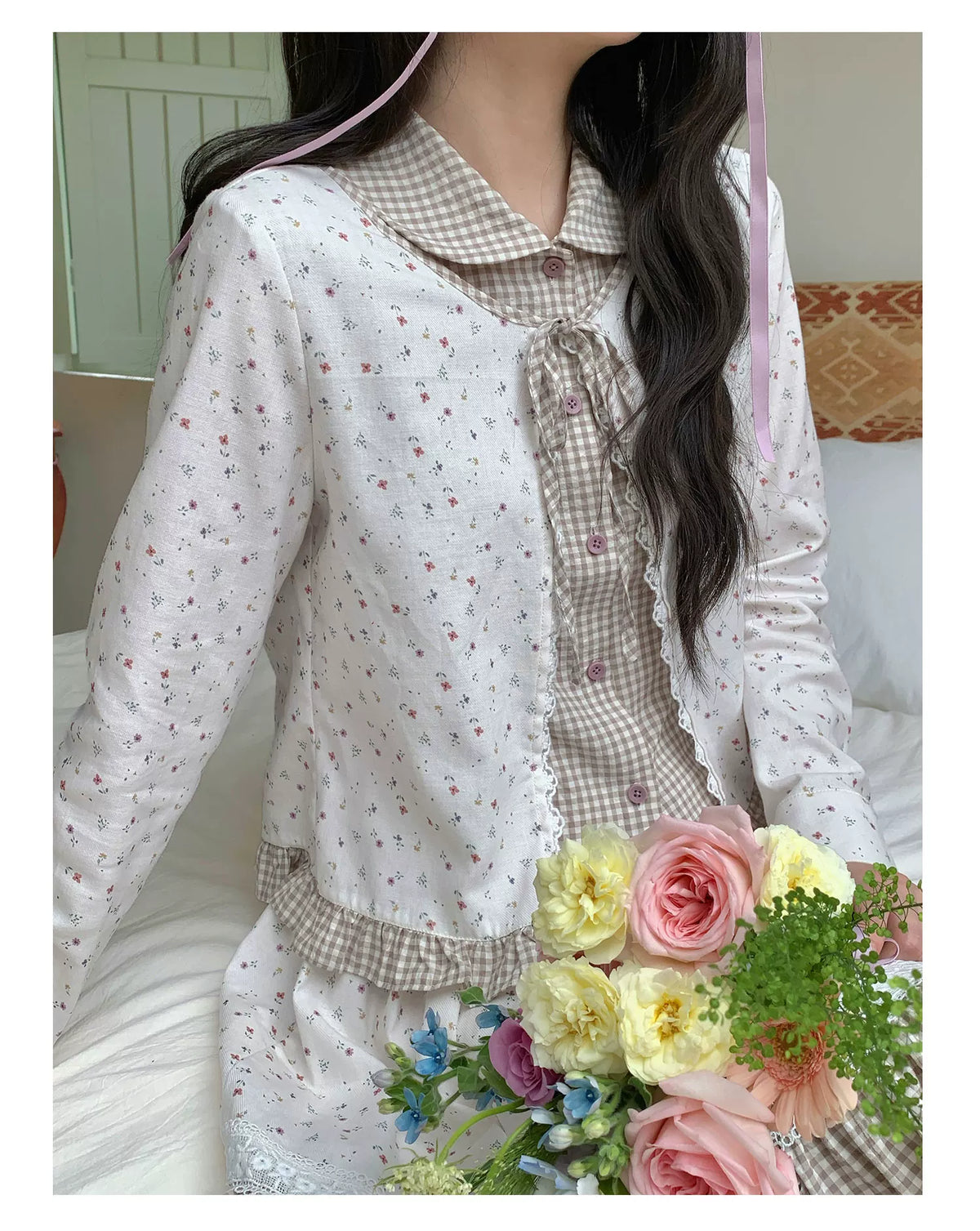 [RF] “Meadow Tea Party” Ivory & Light Brown Plaid Layered Blouse & Skirt Set