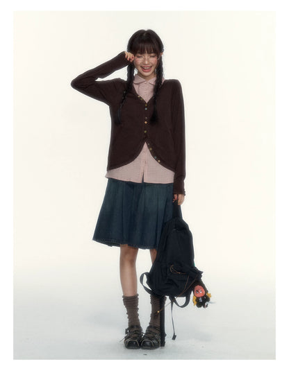 “Chestnut Book Knit” Red Brown Faux-Layered Colorful Button Cardigan