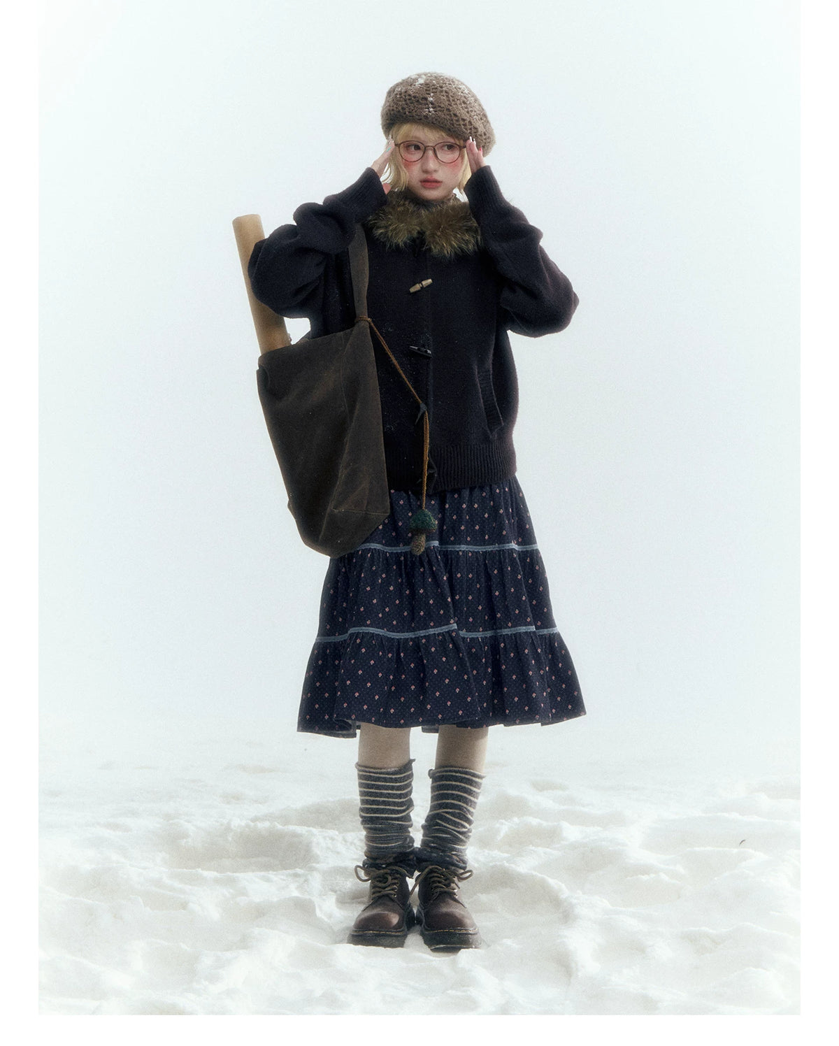 Horridale - Dark Coffee Brown Hooded Knit Cardigan with Detachable Faux Fur Collar