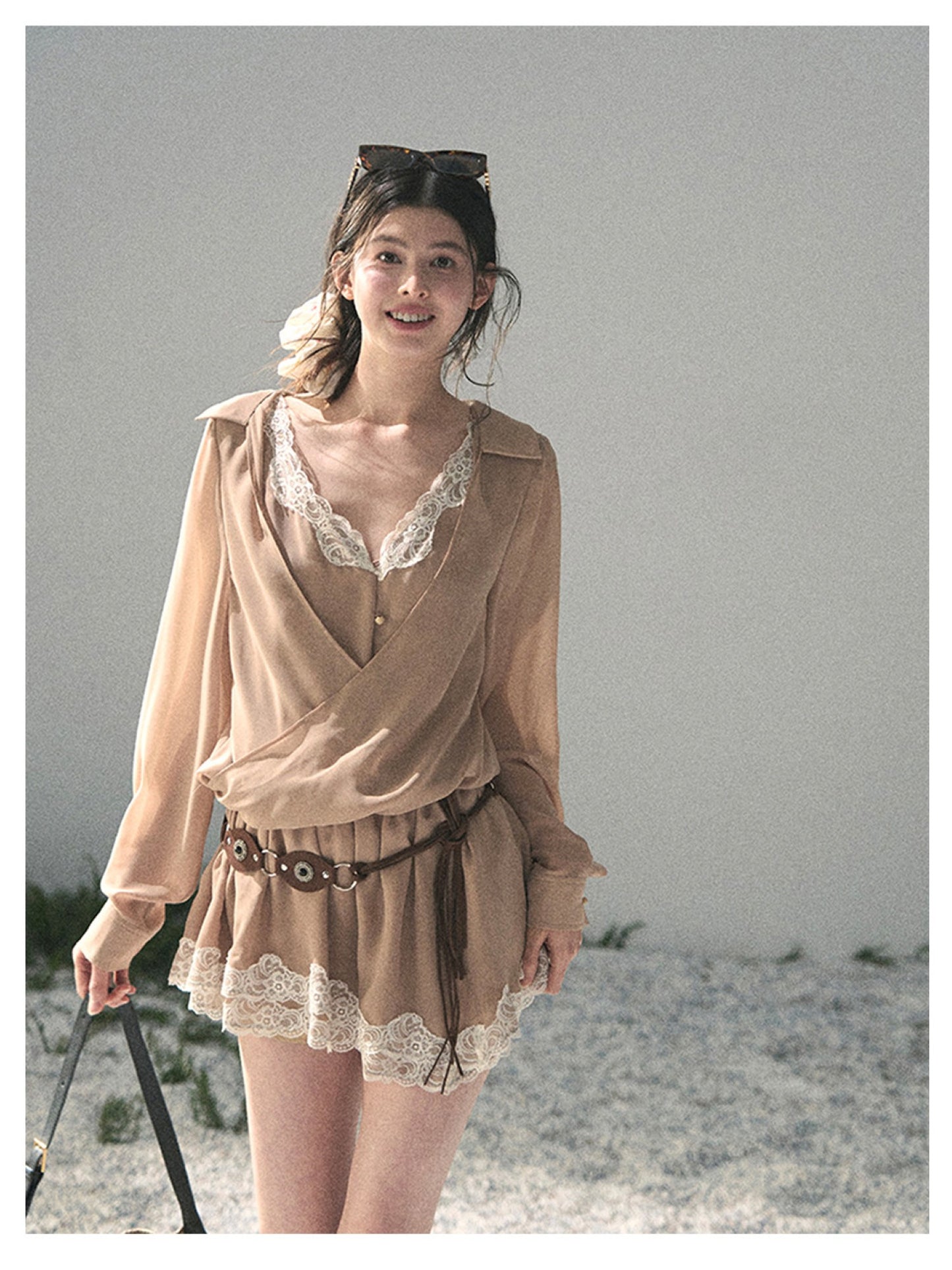 少也眼 “Hidden in the Evening Breeze” Cheese Yellow Faux Two-Piece Chiffon Dress 146
