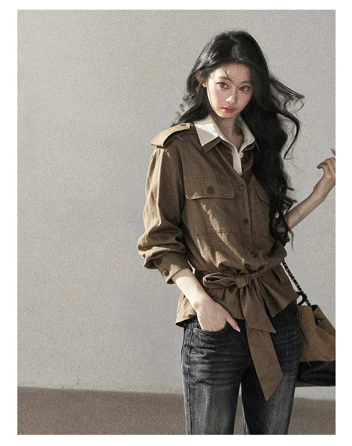 AOMALM - "The Final Chapter of an Old Dream" Roasted Pecan Brown Faux Two-Piece Linen Top with Belt