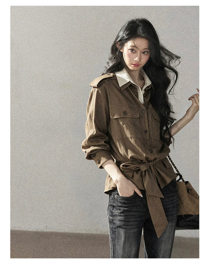 AOMALM - "The Final Chapter of an Old Dream" Roasted Pecan Brown Faux Two-Piece Linen Top with Belt