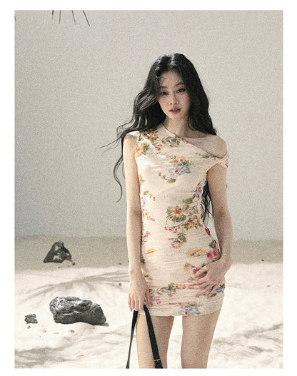 "Waiting for Blossoms" Dutch Cream Floral Ruched Mini Dress 43236