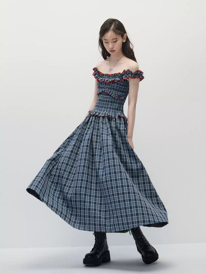 Navy Blue Plaid Off-Shoulder Maxi Dress with Red Contrast Trim