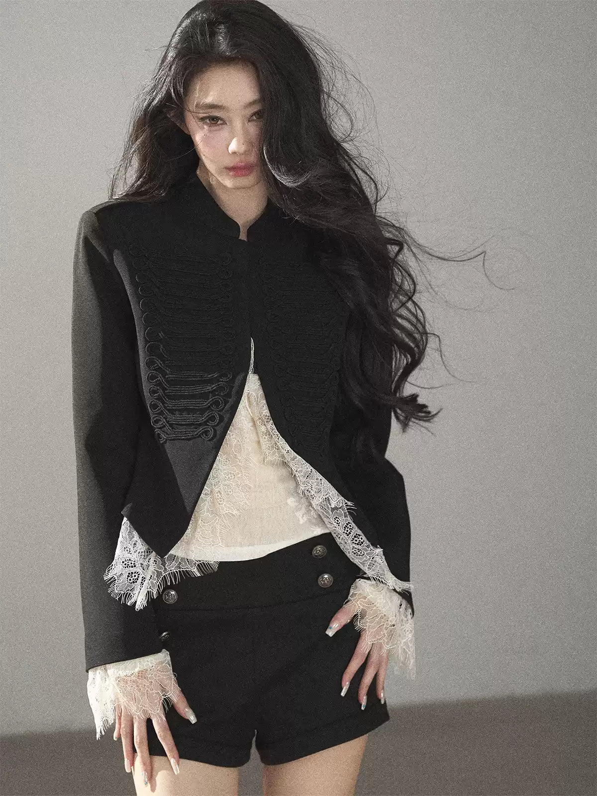 AOMALM - Black Lace Trim Cropped Jacket & Shorts Set