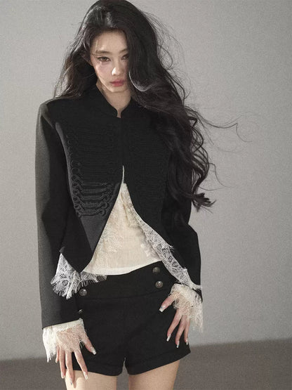AOMALM - Black Lace Trim Cropped Jacket & Shorts Set