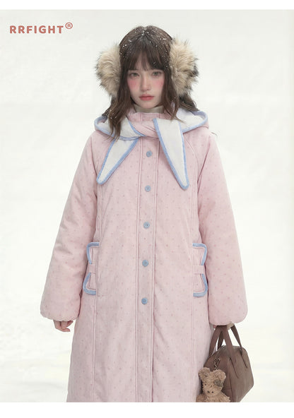 阮阮自制 - Berry Cream Pink Polka Dot Hooded Corduroy Padded Jacket