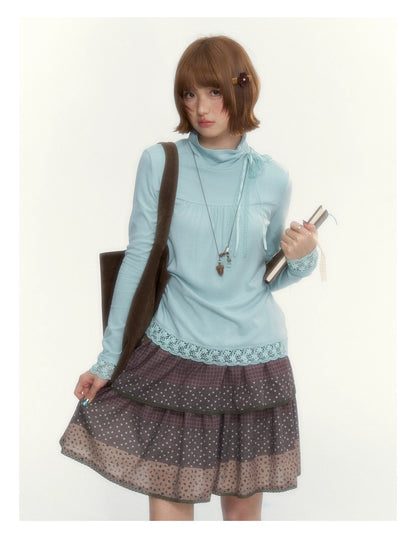 “Caramel Patchwork” Brown Patchwork Floral Plaid Lace A-Line Tiered Skirt