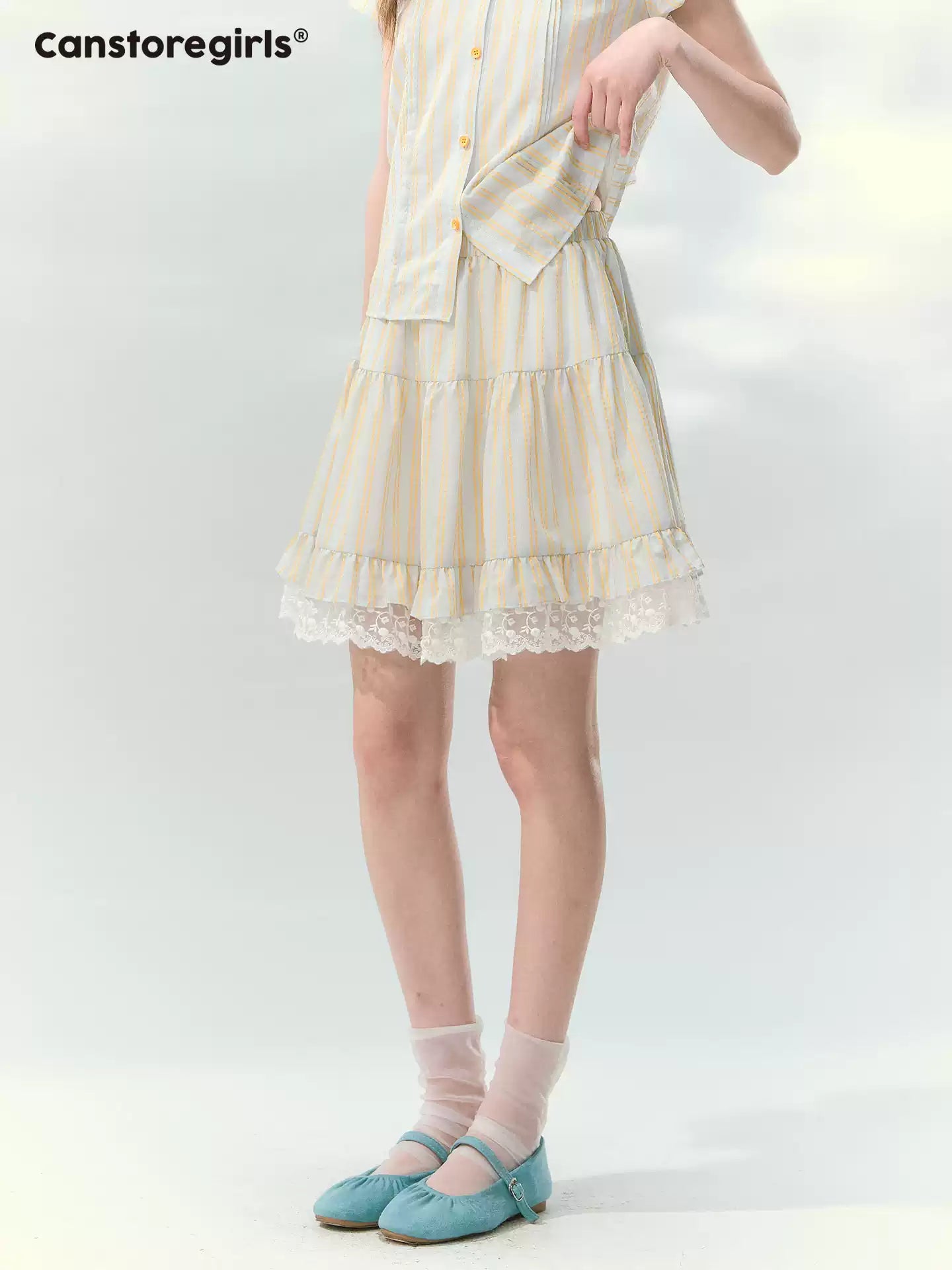 “Spring Lemon Breeze” Milk Blue Striped Shirt & Tiered Mini Skirt Set