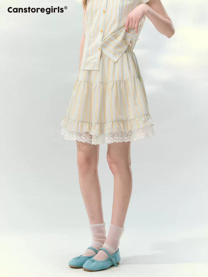 “Spring Lemon Breeze” Milk Blue Striped Shirt & Tiered Mini Skirt Set